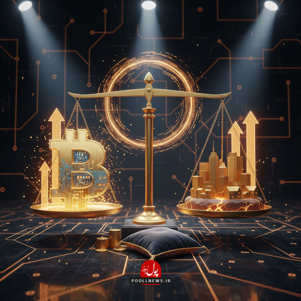 تصویری حرفهای و مفهومی که سه دارایی اصلی سرمایهگذاری (نماد بیتکوین، شمشهای طلا و مجتمع ساختمانی) را در حال رقابت و توازن نشان میدهد. این عناصر با نورپردازی دراماتیک نارنجی و طلایی در یک فضای تیره قرار دارند و نمادی بصری از سنجش عملکرد این بازارها در برابر یکدیگر است