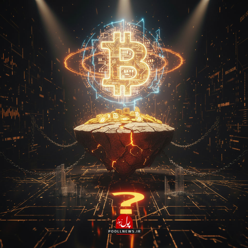 تصویری مفهومی و سورئال که نماد بزرگ و درخشان بیتکوین را در مرکز یک جزیره شهری شناور نشان میدهد. این جزیره از یک پلتفرم دیجیتالی رشد کرده و توسط زنجیرههای پاره شده حمایت میشود. تصویر، نمادگرایی تمرکز و ارزش بیتکوین به جای داراییهای فیزیکی در یک چشمانداز آیندهنگرانه و دیجیتالی با پالت رنگی مشکی و طلایی است.