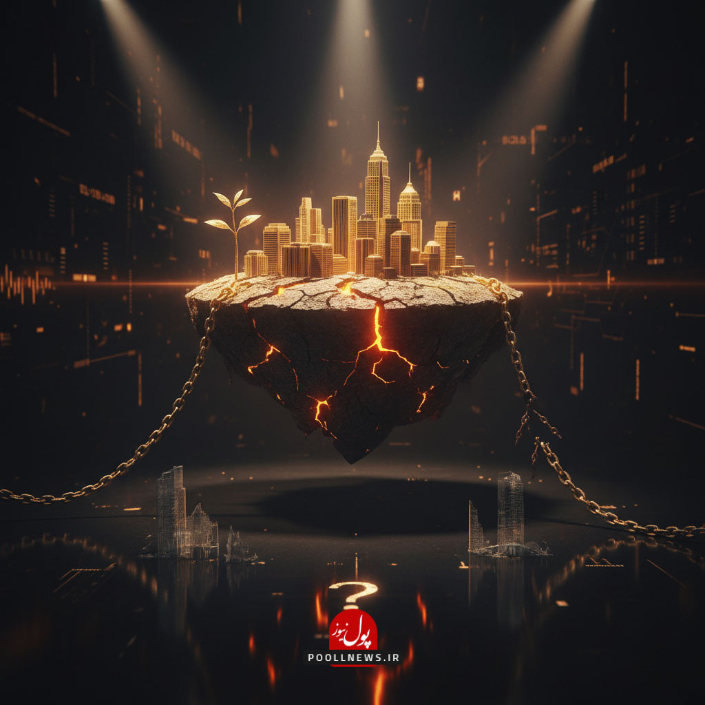 تصویری مفهومی از یک جزیره شهری شناور با ساختمانهای طلایی و گیاهانی که از آن رشد کردهاند، نمادی از بازار املاک. این جزیره توسط زنجیرههایی که پاره شدهاند، به یک پایه دیجیتالی متصل است. زیر آن، نماد یک علامت سوال درخشان روی سطحی منعکسکننده دیده میشود، در حالی که در پسزمینه، نمودارهای داده و خطوط دیجیتالی نارنجی و تیره حضور دارند. این تصویر تردیدها و فرصتهای سرمایهگذاری در املاک را در عصر دیجیتال به تصویر میکشد