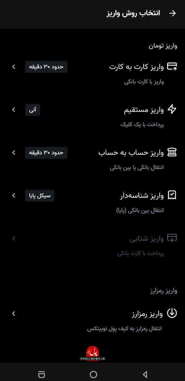 بخش واریز در نوبیتکس